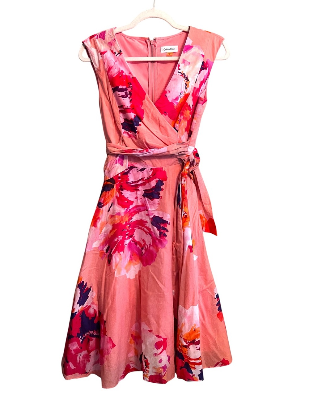 Calvin Klein Coral Pink Floral Wrap Midi Dress Fit Flare Cotton Sz 2 Rockabilly